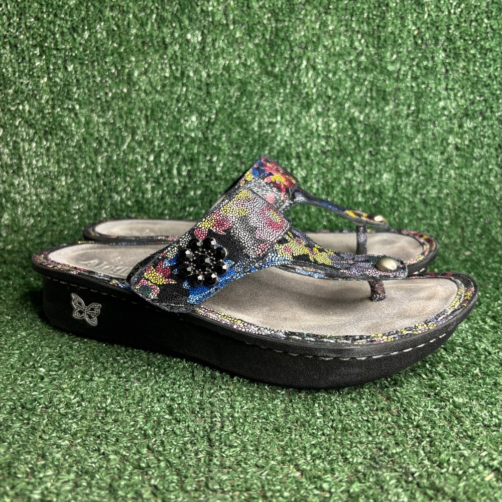Alegria Carina Floral Leather Slip Resistant Thong Wedge Sandal Black WomenS 7.5